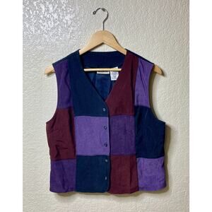 Vintage White Stag Patchwork Vest Womens Large Purple Blue Button Front Stretch